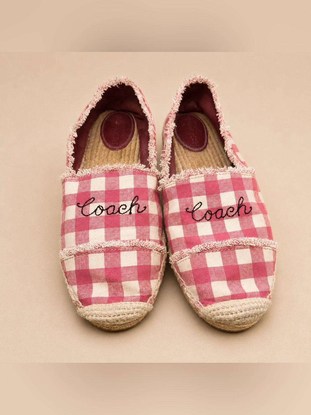 Coach Pink Gingham Espadrille Flats with Embroidered Logo